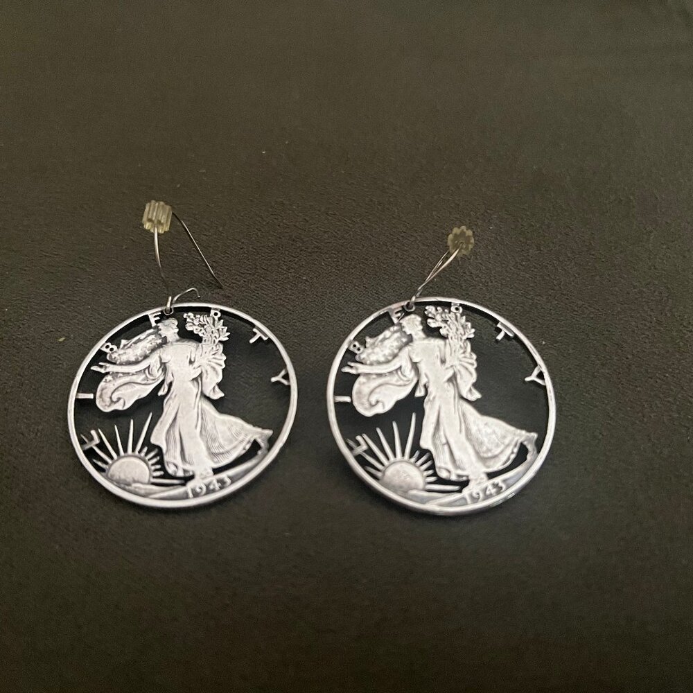 Walking Liberty Silver Coin Cutout Earrings 1943 - Picture 5 of 7